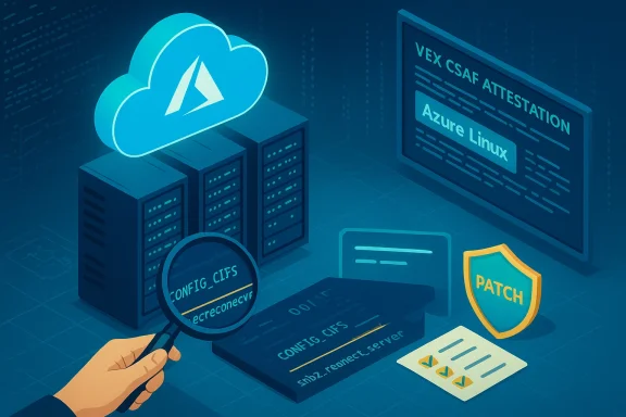 Blue-toned data center with cloud, servers, Azure Linux attestation, and patch shield.