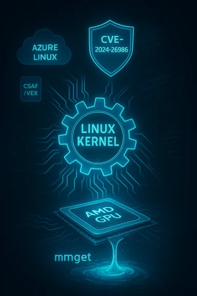 Neon diagram of the Linux kernel powering an AMD GPU, with Azure Linux cloud and CVE-2024-26986 shield.