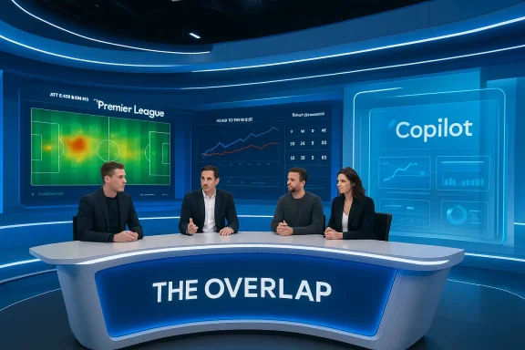 Four hosts sit at a curved desk in a blue studio, with screens displaying Premier League heat maps and data dashboards.