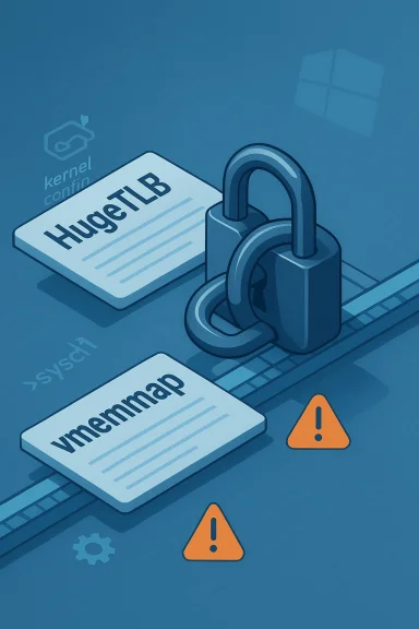 Blue isometric illustration of HugeTLB and vmemmap pages locked with warning signs.