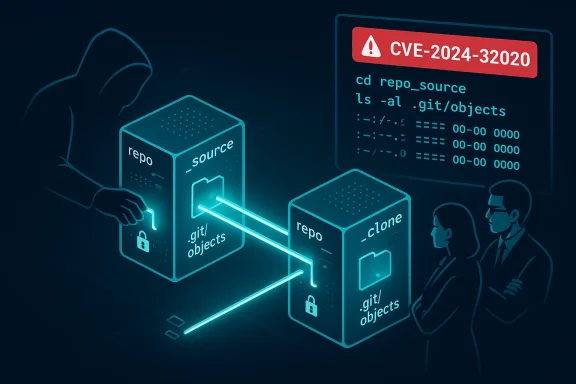 Cybersecurity illustration of a Git vulnerability (CVE-2024-32020) between source and clone repos.