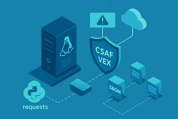 Illustration of a Linux server beside a CSAF VEX shield, cloud, SBOM blocks, and requests in a software security diagram.