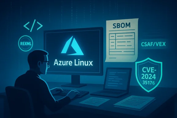 An engineer at a desk uses Azure Linux with glowing security icons (SBOM, CVE).