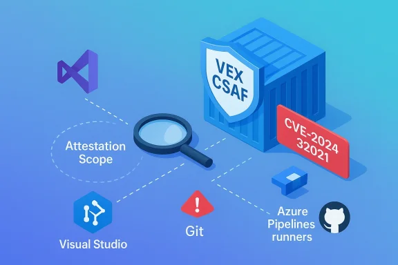Attestation scope diagram linking Visual Studio, Git, and Azure Pipelines to a VEX CSAF shield (CVE-2024-32021).
