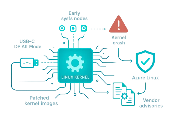 A glowing Linux kernel infographic with circuit lines and a red kernel crash warning.