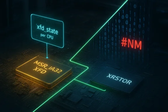 Neon-lit circuit board showing MSR IA32 XFD, xfd_state per CPU, XRSTOR, and a red #NM.