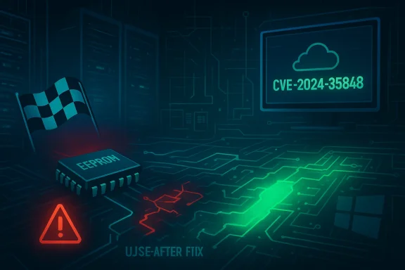 Cybersecurity illustration with an EEPROM chip, red warning, and a screen displaying CVE-2024-35848.