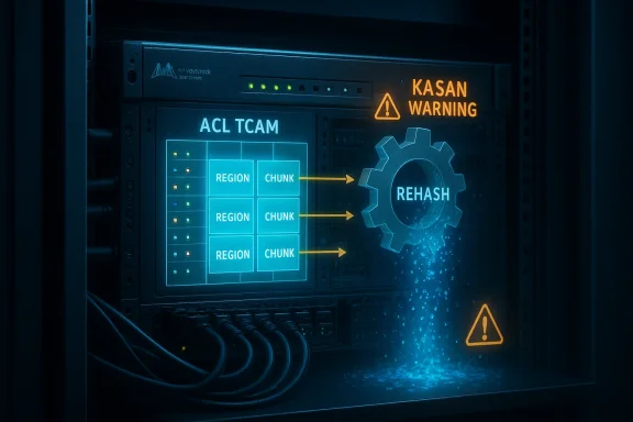 A server rack shows ACL TCAM blocks and a glowing REHASH gear amid warning signs.