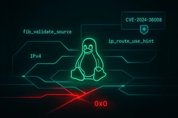 Neon Tux penguin on a circuit-board diagram highlighting CVE-2024-36008.