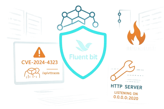 Fluent Bit shield emblem on a security dashboard with a CVE alert and HTTP server status icons.
