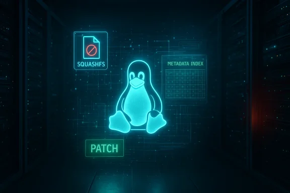 Glowing holographic Linux penguin in a server room with patch and metadata icons.