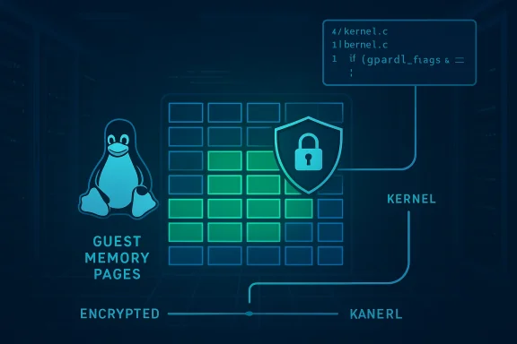 Neon diagram of Linux with a shielded padlock, showing encrypted guest memory pages mapped to the kernel.