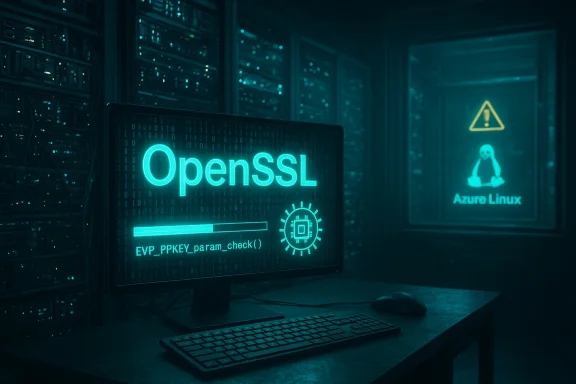 OpenSSL displayed on a monitor in a dim data center, with an Azure Linux warning sign in the background.