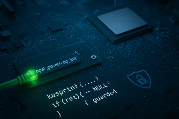 Close-up of a motherboard with an Opal PowerCap Init module, a glowing green LED, and code text.