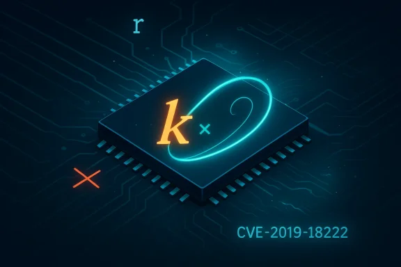 Neon circuit chip featuring 'k ×' and CVE-2019-18222 vulnerability.
