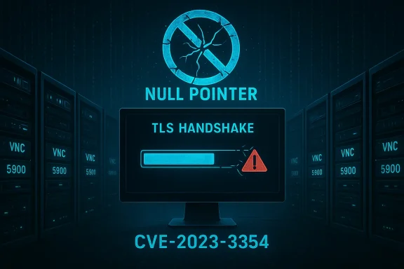 Null pointer warning screen shows a TLS handshake progress bar and CVE-2023-3354 in a data center.