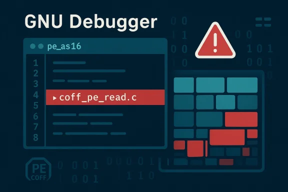 GNU Debugger UI highlighting coff_pe_read.c in a PE/COFF debugging session with a warning icon.