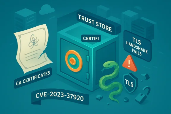 Illustration of a trust store vault with TLS issues and CVE-2023-37920.
