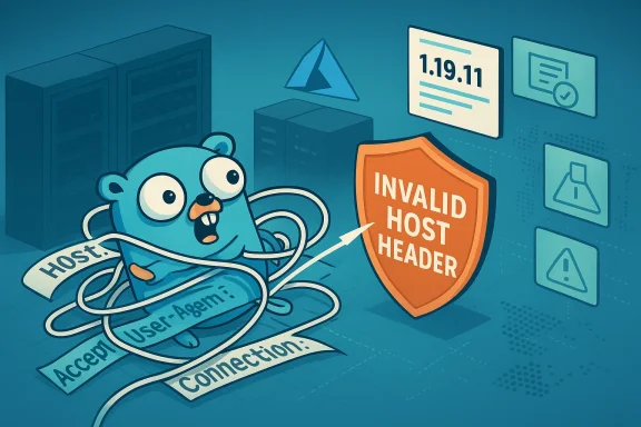 A blue cartoon bear tangled in network cables confronts an orange shield labeled 'Invalid Host Header'.