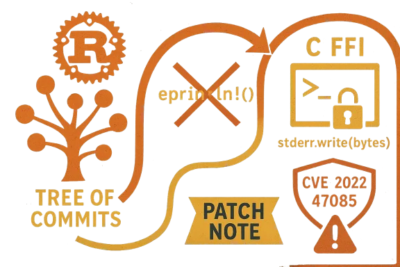 An orange, tech-themed collage of software icons: tree of commits, patch note, CVE badge, and code graphics.