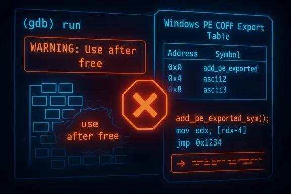 Neon debugger UI showing a use-after-free warning and a PE export table.