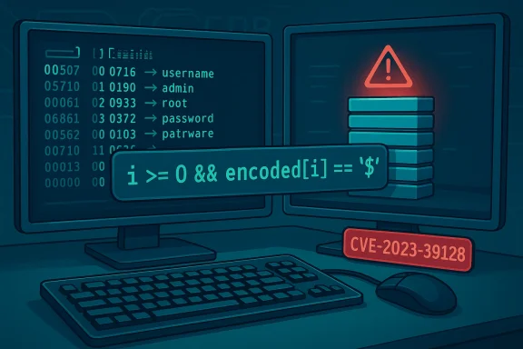 A cybersecurity setup with code on screens, a warning symbol, and CVE-2023-39128.