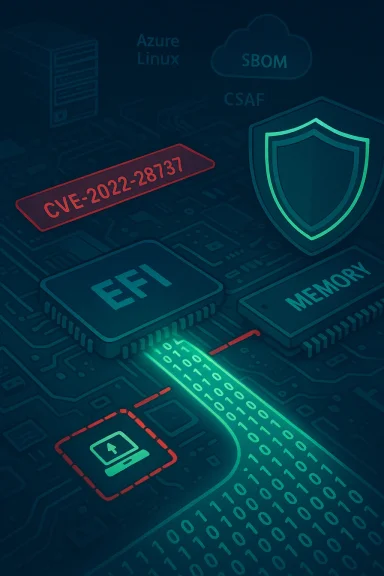 Cybersecurity-themed circuit board with a glowing shield and a CVE-2022-28737 tag.