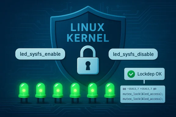 Linux kernel security diagram showing LED sysfs enable/disable with lockdep status.