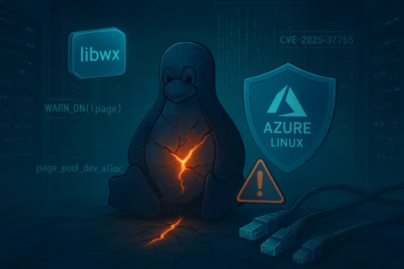 Cracked Linux penguin with a glowing orange fissure sits in a server room beside the Azure Linux shield.