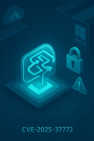 Illustration of a software vulnerability CVE-2025-37772 in a data center with a lock and warning symbols.