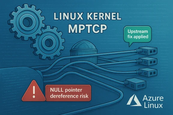 Illustration of Linux kernel MPTCP with upstream fix applied, featuring gears, cables, and a NULL pointer risk warning.
