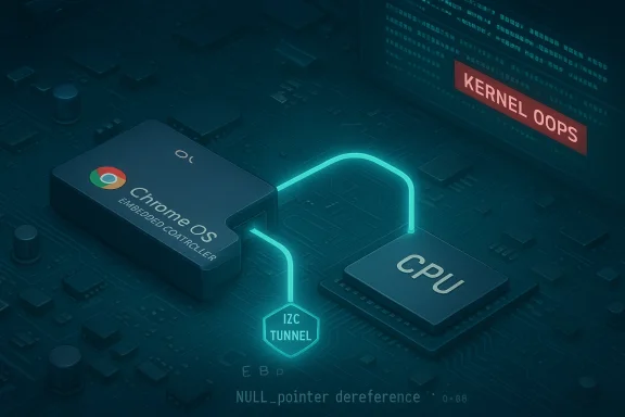 A Chrome OS embedded controller connects to the CPU through an IZC tunnel amid a kernel oops.
