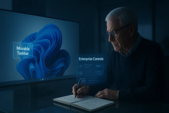 An elderly man takes notes as holographic labels read Movable Taskbar and Enterprise Controls near his monitor.