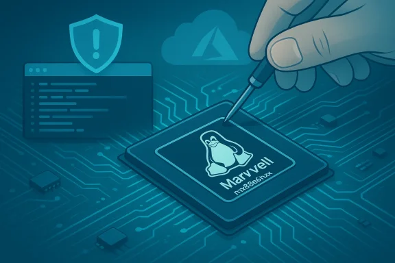 A hand uses a stylus to engrave the Linux penguin logo on a Marvell chip atop a circuit-board background.