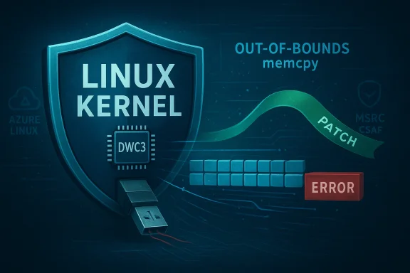 Linux kernel shield with DWC3 chip, patch for out-of-bounds memcpy, and an error block.