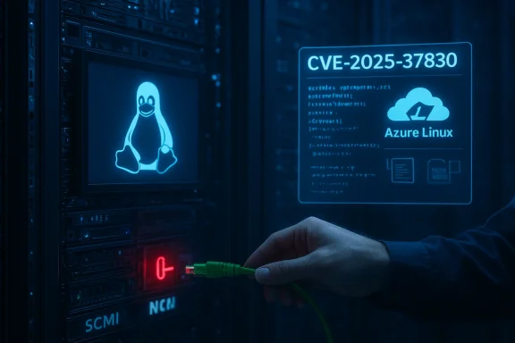 Hand plugs a green cable into a server as a blue hologram shows CVE-2025-37830 and Azure Linux.