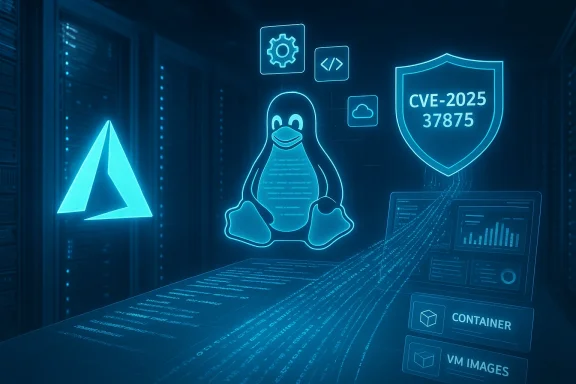 Neon blue data center scene with Linux penguin, CVE-2025 shield, and container icons.