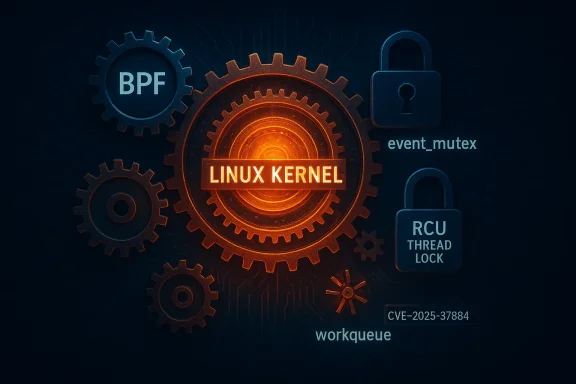 Gears and locks symbolize the Linux kernel, highlighted with CVE-2025-37884.