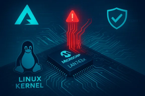 Red warning light on a Microchip LAN743x chip, with Linux penguin and security shield nearby.