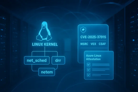 Blue holographic dashboard shows Linux kernel diagram and CVE-2025-37915 with Azure Linux Attestation.