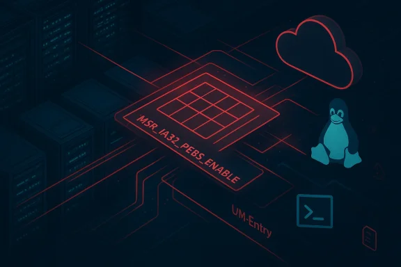 Neon red circuit diagram highlighting MSR IA32_PEBS_ENABLE among servers with the Linux penguin.