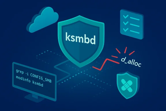 Illustration of ksmbd as a shielded security emblem amid cloud, checks, and code.