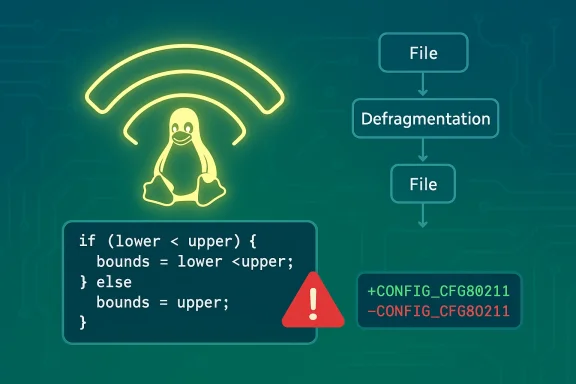 Linux penguin beneath a Wi-Fi signal, with a defragmentation flowchart and code snippet. Linux penguin beneath a Wi-Fi signal, with a defragmentation flowchart and code snippet.