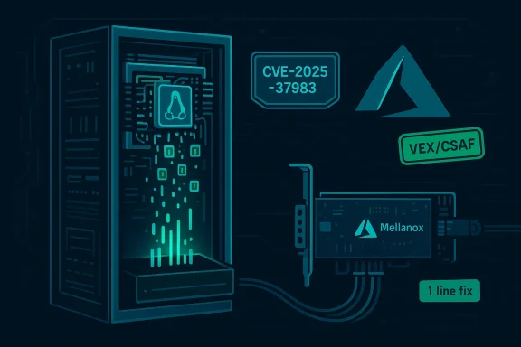 Futuristic data server with CVE-2025-37983 and a 1-line fix label.