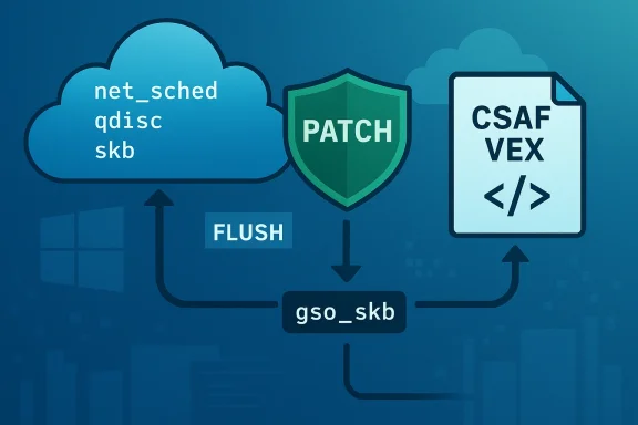 This image depicts a cloud-based patch flow for network packets (gso_skb) and CSAF VEX.