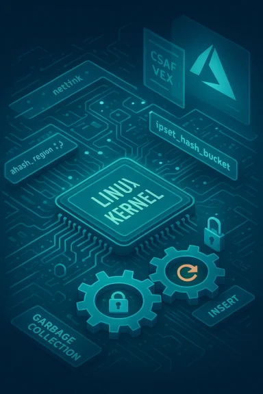 Futuristic circuit board featuring a Linux kernel chip and security icons.