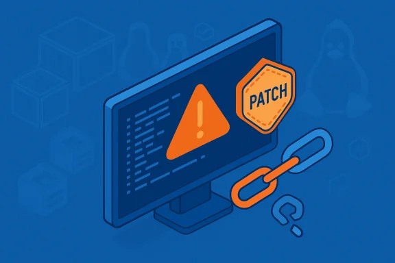 A computer monitor displays an orange warning triangle and a PATCH tag connected by a chain.
