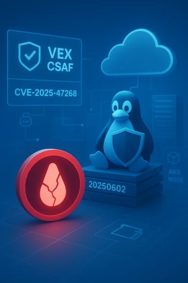 Blue Linux penguin with shield sits on a server pedestal beside a red cracked vulnerability symbol and cloud icons.