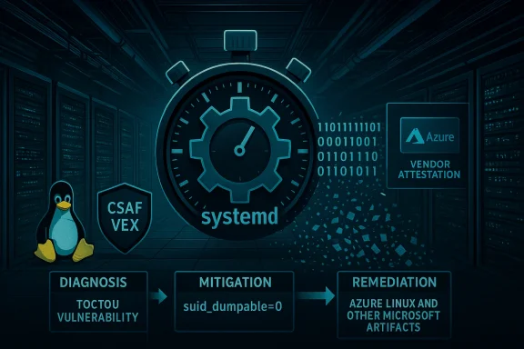 Cybersecurity-themed art of systemd gear stopwatch in a data center, with Tux, CSAF VEX shield, and Azure attestation.