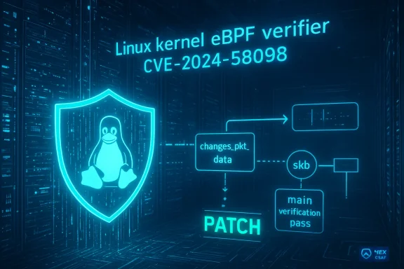 Neon blue schematic of Linux kernel eBPF verifier patch flow, featuring a shield with Tux.